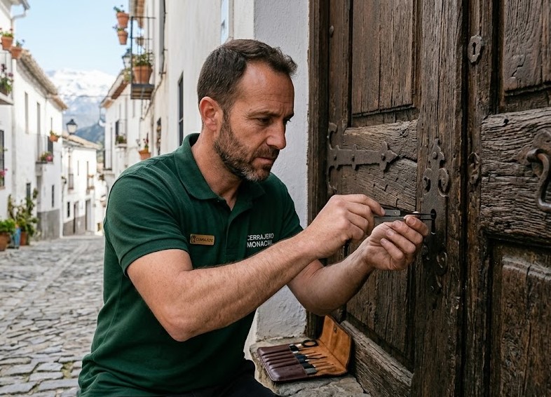 Cerrajero instalando cerradura en puerta de madera rústica en Monachil